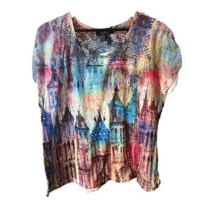 FDJ Colourful Cityscape Women's Short Sleeve Blouse Lace Back Neck Sz XXL